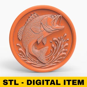 Bass Fish Jumping Relief STL File 3D Model for CNC Laser Engraving 3D Printing Round Wall Art Medallion Lake Fishing Plaque Sculpture