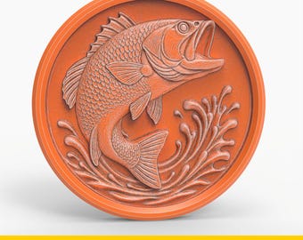 Bass Fish Jumping Relief STL File 3D Model for CNC Laser Engraving 3D Printing Round Wall Art Medallion Lake Fishing Plaque Sculpture