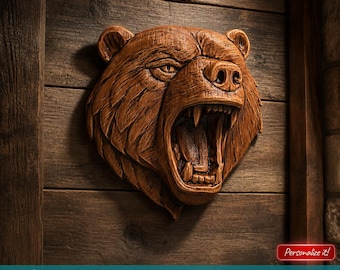Modelo 3D en formato STL de cabeza de oso rugiente para grabado CNC, grabado láser e impresión 3D / Placa con relieve de vida silvestre, arte rústico para pared (descarga digital)