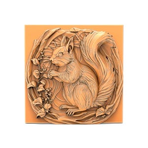 STL File for CNC & 3D Printing Squirrel in Nature 3D Relief Digital Model Square Wall Panel Tile CNC Router Wood Carving Model