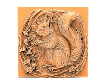 STL File for CNC & 3D Printing Squirrel in Nature 3D Relief Digital Model Square Wall Panel Tile CNC Router Wood Carving Model