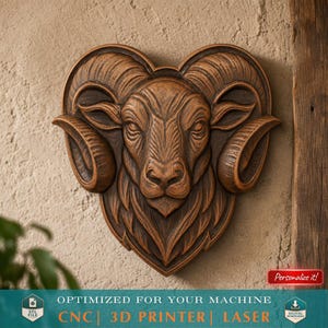 Ram hoofd STL-bestand voor CNC 3D-afdrukbestand Ram Zodiac STL-reliëfmodel Rustieke gehoornde ramsnijwerk Lodge decor muurplaquette 3D-model