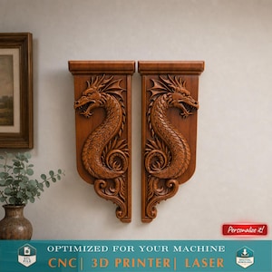 Dragon Wall Hanging Bracket STL File Set 3D Model Corbel STL for CNC 3D Printing Shelf end Bracket Gothic Wall Decor Furniture book Design