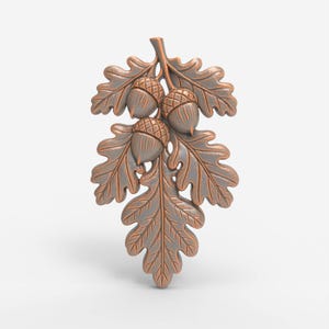 May include: A bronze-coloured oak leaf and acorn decorative element. The design features three acorns and several oak leaves. The leaves and acorns have detailed textures and are arranged in a vertical pattern. The overall design is nature-inspired.