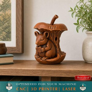 Mouse Eating in Apple Core STL Whimsical Fun 3D Animal Model for CNC & 3D Print – Woodland Decor, Fairy Tale Gift, Cute Printable Sculpture