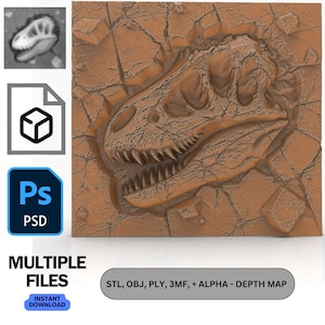 T-Rex fossile modèle 3D crâne de dinosaure fichier STL routeur CNC modèle d'imprimante 3D relief fossile jurassique gravure laser carte de profondeur