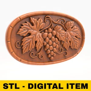 Grapevine Oval Relief STL File for CNC Carving 3D Printing Vineyard Wall Art Plaque Model Grape Leaf Panel for Laser Engraving Kitchen Decor