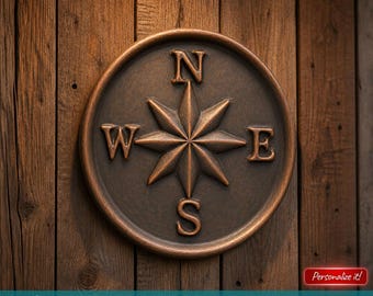 Archivo STL para impresora 3D CNC: Medallón de rosa de los vientos para decoración de pared – Estrella esculpida en 3D con los puntos cardinales Norte, Sur, Este y Oeste.