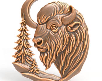 Buffalo Bison Relief STL File for CNC Carving 3D Printing Western Wildlife Head Sculpture with Crescent Moon Pine Trees Lodge Cabin Wall Art