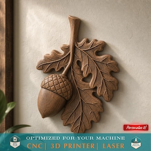 Eiche Blatt und Eichel Relief STL Datei für CNC oder 3D Druck Rustikal Herbst Ornament Wand Kunst Anhänger Holz Schnitzerei Herbst Dekor Digitales Modell