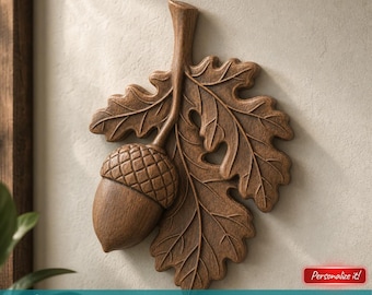 Oak Leaf and Acorn Relief STL File for CNC or 3D Printing Rustic Autumn Ornament Wall Art Pendant Wood Carving Fall Decor Digital Model