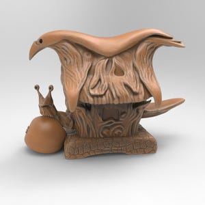May include: A whimsical, brown, ceramic snail house with a detailed, textured exterior. The house has a unique, curved roof and a small, snail-shaped figure attached to the side.