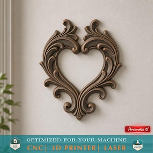 Heart Scroll Frame STL File for CNC Carving 3D Printing Rococo Ornament Romantic Applique Vintage Furniture Decor Valentine Wall Art