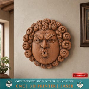 Medaglione con volto vento, file STL, modello 3D per incisione laser CNC, stampa 3D, arte murale barocca, placca decorativa, ornamento fantasy, scultura