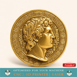 Medallón de moneda de Alejandro Magno, modelo 3D, archivo STL para CNC e impresión 3D, arte clásico griego en relieve, tallado en madera con fresadora CNC.