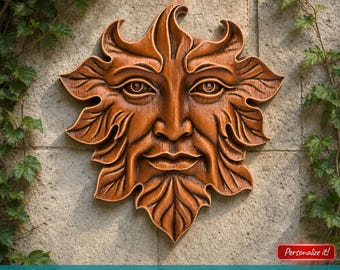 Archivo STL de relieve de rostro de hombre verde, modelo 3D para grabado láser CNC, impresión 3D, placa de espíritu del bosque, decoración pagana, escultura de pared natural.