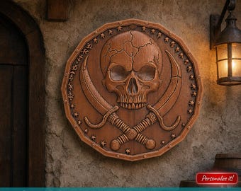 Archivo STL para enrutador CNC, impresora 3D, láser, calavera pirata y espadas, medallón en relieve, arte mural náutico pirata, modelo digital, placa de resina y arcilla
