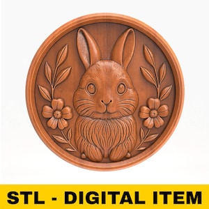 Bunny Round Relief STL File 3D Model for CNC Laser Engraving 3D Printing Cute Rabbit Wall Art Floral Panel Spring Animal Sculpture Decor