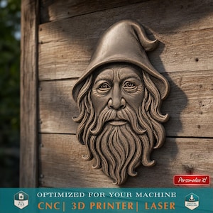 Zauberer-Gesichtsrelief STL-Datei für CNC- oder 3D-Druck Bärtiger alter Mann mit Haube Fantasie-Wand-Kunst-Skulptur mystischer Waldgeist-Digital-Modell