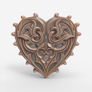 Peut inclure: Un objet décoratif en forme de cœur avec un motif orné et tourbillonnant. Le cœur est un mélange de tons bronze et gris, avec une surface texturée et un motif symétrique détaillé. Les bords présentent de petites protubérances arrondies.
