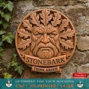 STL Files For CNC Router 3D printer File Stonebark Green Man – Earth Elemental Round Relief Plaque with Scroll Banner STL - Digital Download