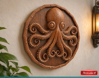 STL-bestand voor CNC-router 3D-printer Laser Octopus Reliëf rond medaillon Nautische kunst aan de muur Digital Sea Life Model Tentakel plaque hars mal