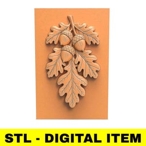 Oak Leaf Acorn Plaque STL File – High Relief Botanical Panel for CNC 3D Printing Rustic Sculpture Woodland Decor Digital Carving Model DIY