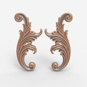 May include: Two ornate, bronze-coloured decorative elements. Each features a swirling, scroll-like design with detailed leaf patterns. The elements have a curved shape with a smooth, metallic finish, suitable for furniture or decor.