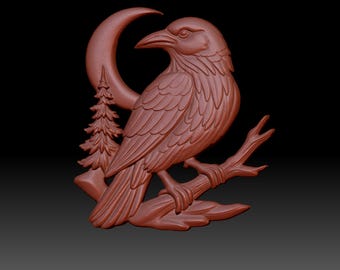 Raven STL Model – Crescent Moon Forest Bird Relief for CNC and 3D Printing – Mystical Woodland Wall Art Panel CNC Router Wood Carving Model