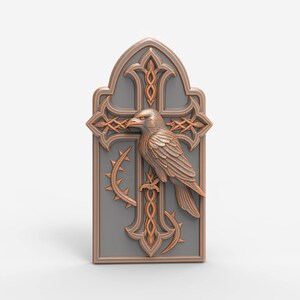 Gothic Raven STL Model – Cross and Thorns Relief for CNC and 3D Printing – Dark Medieval Wall Plaque Design CNC Router Wood Carving Model