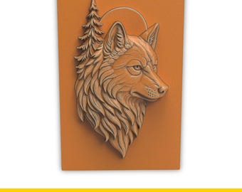Panel de cabeza de lobo, archivo STL para tallado CNC, impresión 3D, relieve de animal del bosque con sol y árboles, modelo de placa rústica para grabado láser.