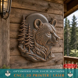 Bear Forest Relief STL File 3D Model for CNC Router Wood Carving 3D Printing Wildlife Wall Art Pine Tree Panel Rustic Animal Sculpture Decor