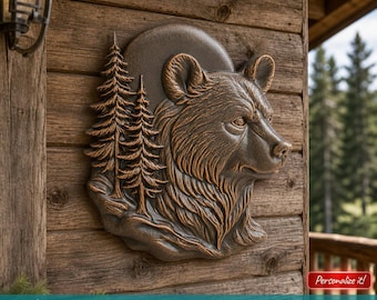 Berenbos reliëf STL-bestand 3D-model voor CNC-router Houtsnijwerk 3D-printen Wildlife Wall Art Dennenboom paneel Rustiek dier sculptuur decor