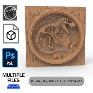 T-Rex fossile modèle 3D squelette de dinosaure fichier STL routeur CNC modèle d'imprimante 3D relief fossile jurassique gravure laser carte de profondeur