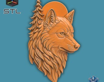 Wolf hoofd reliëf STL-bestand voor CNC-snijwerk 3D-printen Bos dierenkunst met pijnbomen en zon bospaneel voor lasergravure decor