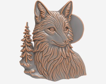 Archivo STL de zorro, modelo 3D, luna llena, bosque, zorro, relieve para impresión 3D CNC, panel de arte de pared de vida silvestre estilizada, archivo de enrutador CNC, modelo de tallado de madera
