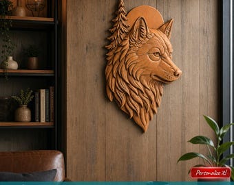 Wolf Head Relief STL File for CNC Carving 3D Printing Forest Animal Art with Pine Trees and Sun Woodland Panel for Laser Engraving Decor