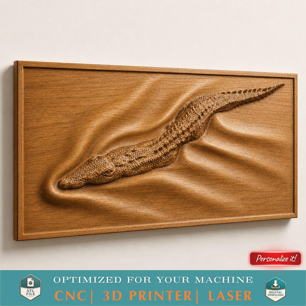 3D Printable Swimming Alligator Crocodile Bas Relief STL File for