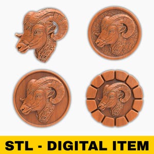 Puede incluir: Cuatro diseños de cabeza de carnero marrón. Uno es un busto detallado, y los otros son relieves circulares. Los relieves presentan la cabeza de carnero dentro de un marco decorativo. El texto "STL - DIGITAL ITEM" se muestra en una barra amarilla en la parte inferior.