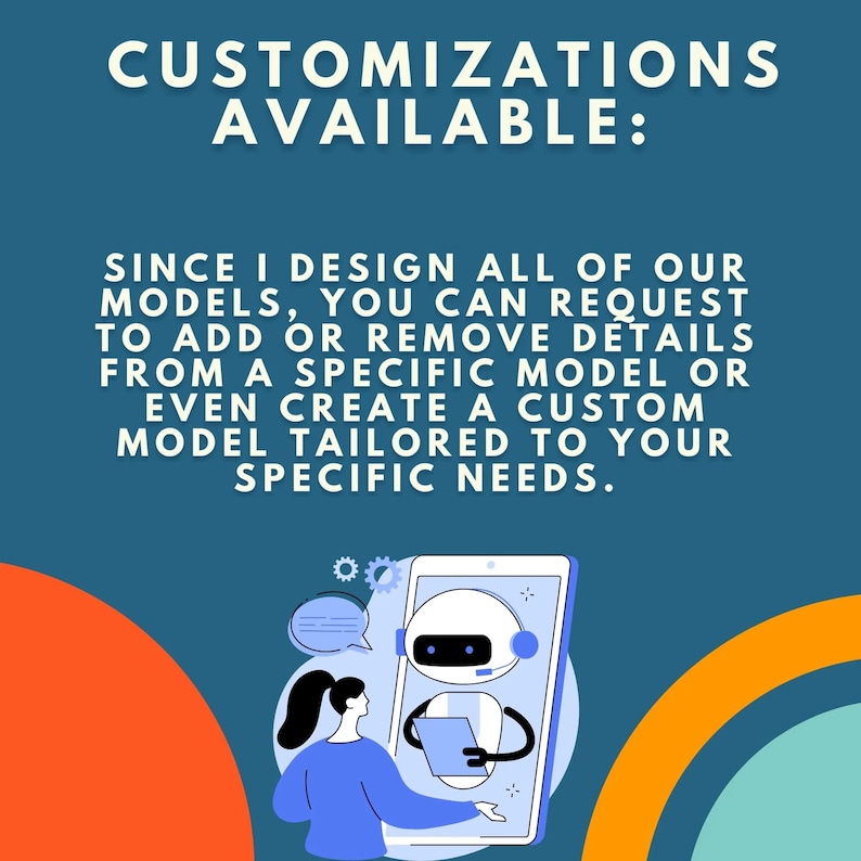 May include: A teal graphic with the text "CUSTOMIZATIONS AVAILABLE:" and a description of custom model design services. An illustration shows a person interacting with a robot on a smartphone, with orange and blue design elements.
