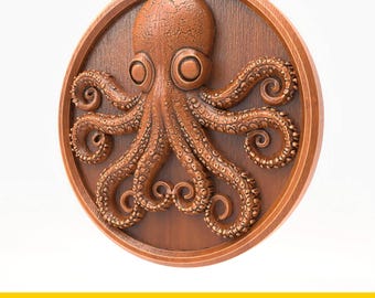 STL File For CNC Router 3D Printer Laser Steampunk Octopus Relief Medallion Nautical Wall Art Digital Gear Tentacle Model Resin Clay Mold