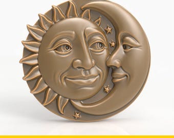 鉄扇 (大型・太陽と月のシンボル彫り) 太陽と月の顔のレリーフSTLファイル3Dプリント可能な天体3Dモデル、CNC