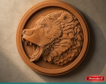 Płytka ścienna z monetą z głową niedźwiedzia do frezarki CNC, drukarki 3D, laserowej dekoracji ściennej z motywem dzikiej przyrody, pliki STL do druku 3D, rzeźbienia w drewnie CNC