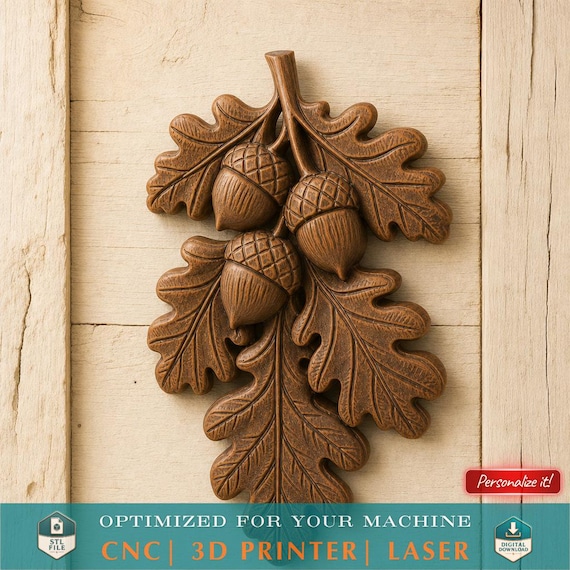 Oak Leaf Acorn Leaves 3D Relief STL File 3D Model for CNC Laser Engraving 3D Printing Furniture Appligue Decor