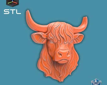 Archivo STL de vaca de las Tierras Altas, cabeza de toro de cuernos largos, relieve de granja para impresión 3D CNC, arte de pared rústico de animal de granja, modelo digital, escultura animal