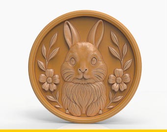 Personalized Bunny Medallion STL File – Cute Rabbit Relief with Flowers for CNC or 3D Printing – Spring Woodland Animal Wall Decor 3D Model
