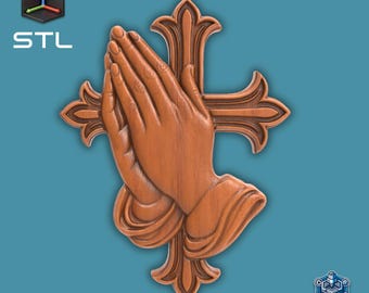 Praying Hands With Cross Relief Pendant Sculpture DIY STL File – Christian Wall Art 3D Model for CNC 3D Printing Religious Decor