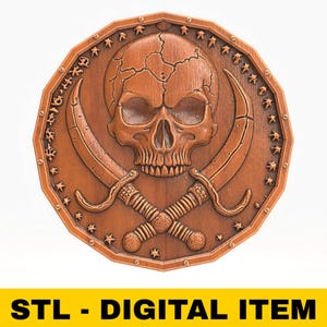 STL File For CNC Router 3D Printer Laser Pirate Skull and Swords Relief Medallion Nautical Pirate Wall Art Digital Model Resin Clay Plaque