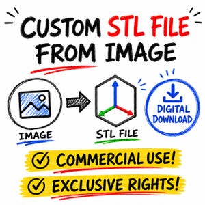 May include: An image showing the conversion of an image to an STL file. The text says "CUSTOM STL FILE FROM IMAGE." Icons represent image, STL file, and digital download. Checkmarks indicate commercial use and exclusive rights for the digital file.