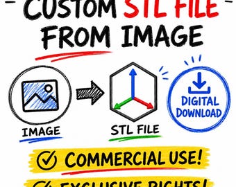 May include: An image illustrating the process of converting an image to a custom STL file. The text reads "CUSTOM STL FILE FROM IMAGE." It includes icons for image, STL file, and digital download, with checkmarks for commercial use and exclusive rights.